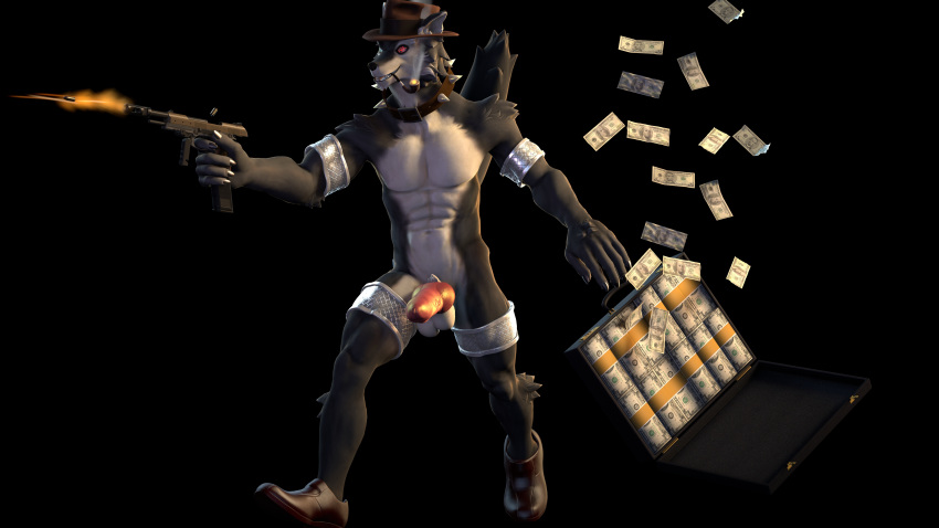 16:9 1747jp_jones 4k absurd_res anthro balls breif_case canid canine canis clothing cyber_eye erection fedora footwear genitals hat headgear headwear hi_res male mammal money penis shoes simple_background smile smoke_pipe solo steelfur widescreen wolf
