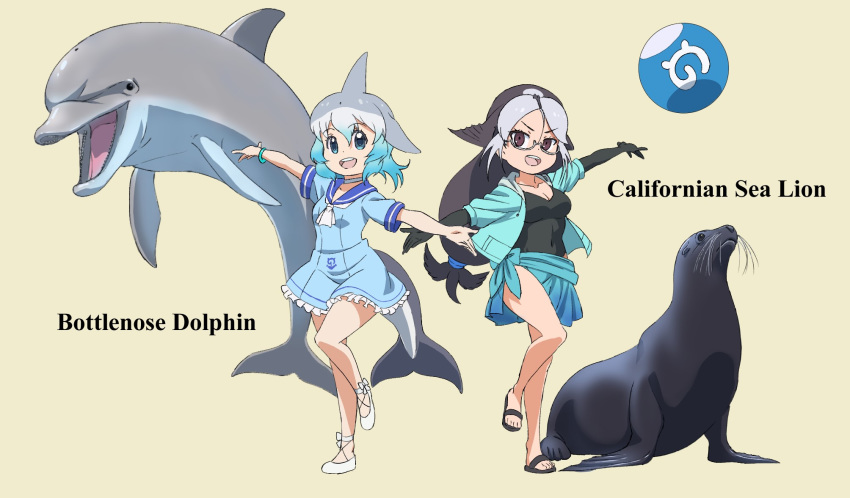 2girls ball bangs beachball black_eyes black_footwear black_hair black_swimsuit blowhole blue_choker blue_dress blue_eyes blue_hair blue_jacket blue_sailor_collar blue_sarong blue_scrunchie bracelet california_sea_lion_(kemono_friends) character_name choker commentary_request common_bottlenose_dolphin_(kemono_friends) dolphin dolphin_tail dorsal_fin drawstring dress english_text frilled_dress frills glasses gradient_hair grey-framed_eyewear grey_hair hair_ornament hair_scrunchie highres hood hood_down hoodie jacket japari_symbol jewelry kemono_friends long_hair looking_at_viewer low-tied_long_hair multicolored_hair multiple_girls namesake navel neckerchief no_socks one-piece_swimsuit open_clothes open_jacket open_mouth outstretched_arms sailor_collar sailor_dress sandals sarong scrunchie sea_lion semi-rimless_eyewear short_dress short_hair short_sleeves simple_background smile spread_arms standing standing_on_one_leg swimsuit symmetrical_pose under-rim_eyewear white_footwear white_neckwear yamaguchi_yoshimi yellow_background