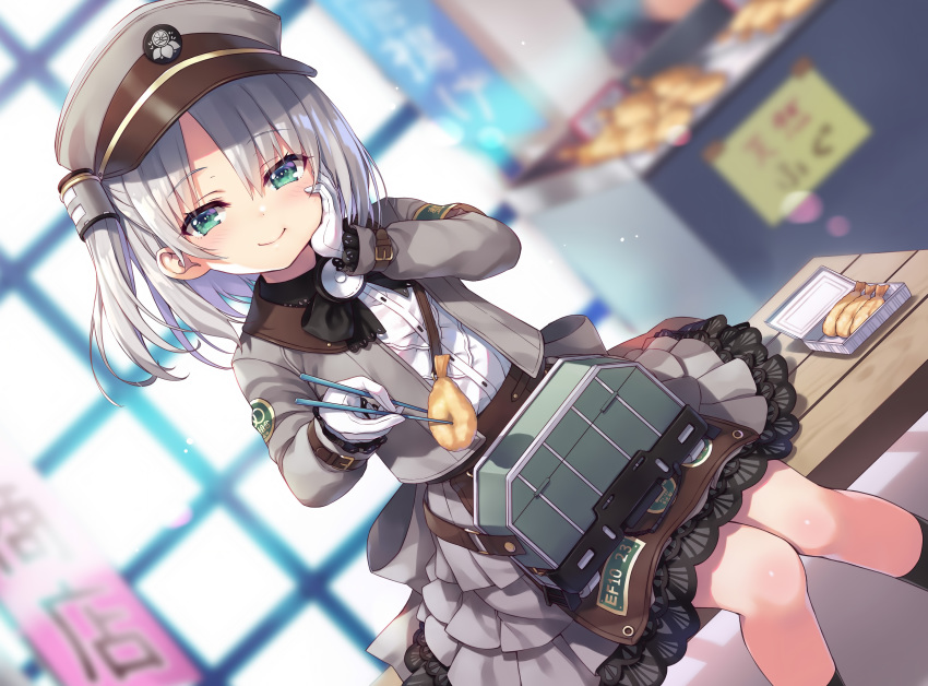 aqua_eyes food gloves gray_hair hat miyase_mahiro rail_romanesque shirogane_(rail_romanesque) short_hair stockings uniform