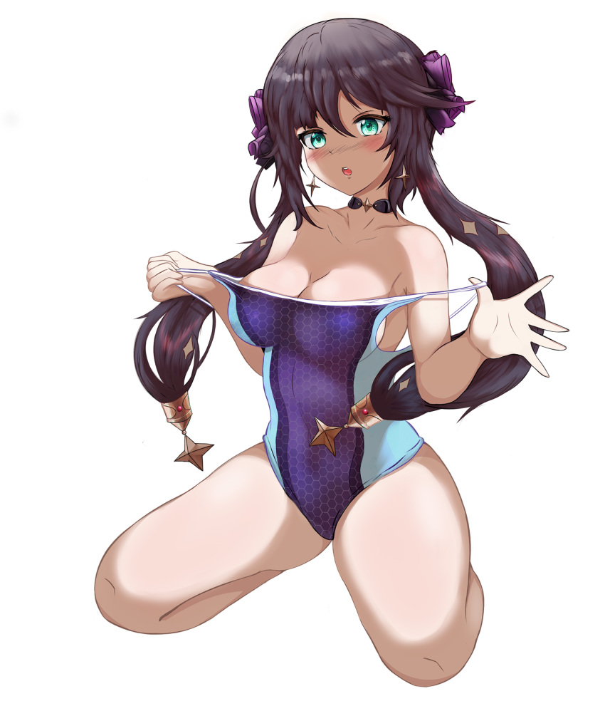 bangs blush breasts chestnut_mouth choker cleavage earrings genshin_impact gradient gradient_hair green_eyes hair_ornament hair_ribbon highres jewelry kneeling large_hat long_hair looking_at_viewer medium_breasts mona_(genshin_impact) multicolored_hair no_headwear one-piece_swimsuit open_mouth purple_hair ribbon sideboob simple_background star_(symbol) star_earrings swimsuit t3x thighs twintails very_long_hair white_background