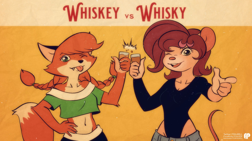 16:9 alcohol anthro beverage canid canine clothing crop_top duo english_text female fox fox-pop gesture hi_res looking_at_viewer maisie_whisk mammal midriff mouse murid murine one_eye_closed pointing rodent shirt text toasting tongue tongue_out topwear whiskey widescreen wink