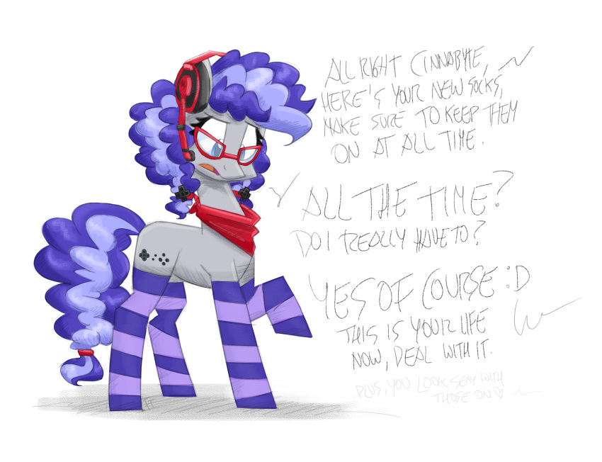 absurd_res cinnabyte clothing cutie_mark dialogue english_text equid equine fan_character female flutterthrash footwear hair hasbro headgear headphones headset hi_res horse long_socks mammal my_little_pony neckerchief pony purple_hair socks solo text