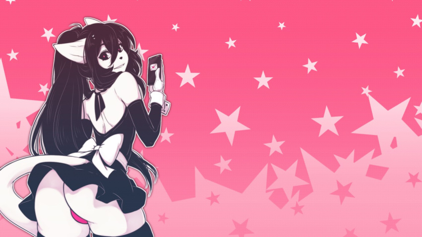 &lt;3 16:9 anthro black_eyes black_hair black_nose butt cellphone clothing domestic_cat dress felid feline felis fur girly hair holding_object holding_phone long_hair looking_at_viewer looking_back maid_uniform male mammal mercy_(suelix) panties phone pink_background ponytail pupils red_pupils simple_background smartphone smile solo standing star suelix underwear uniform wallpaper white_body white_fur widescreen