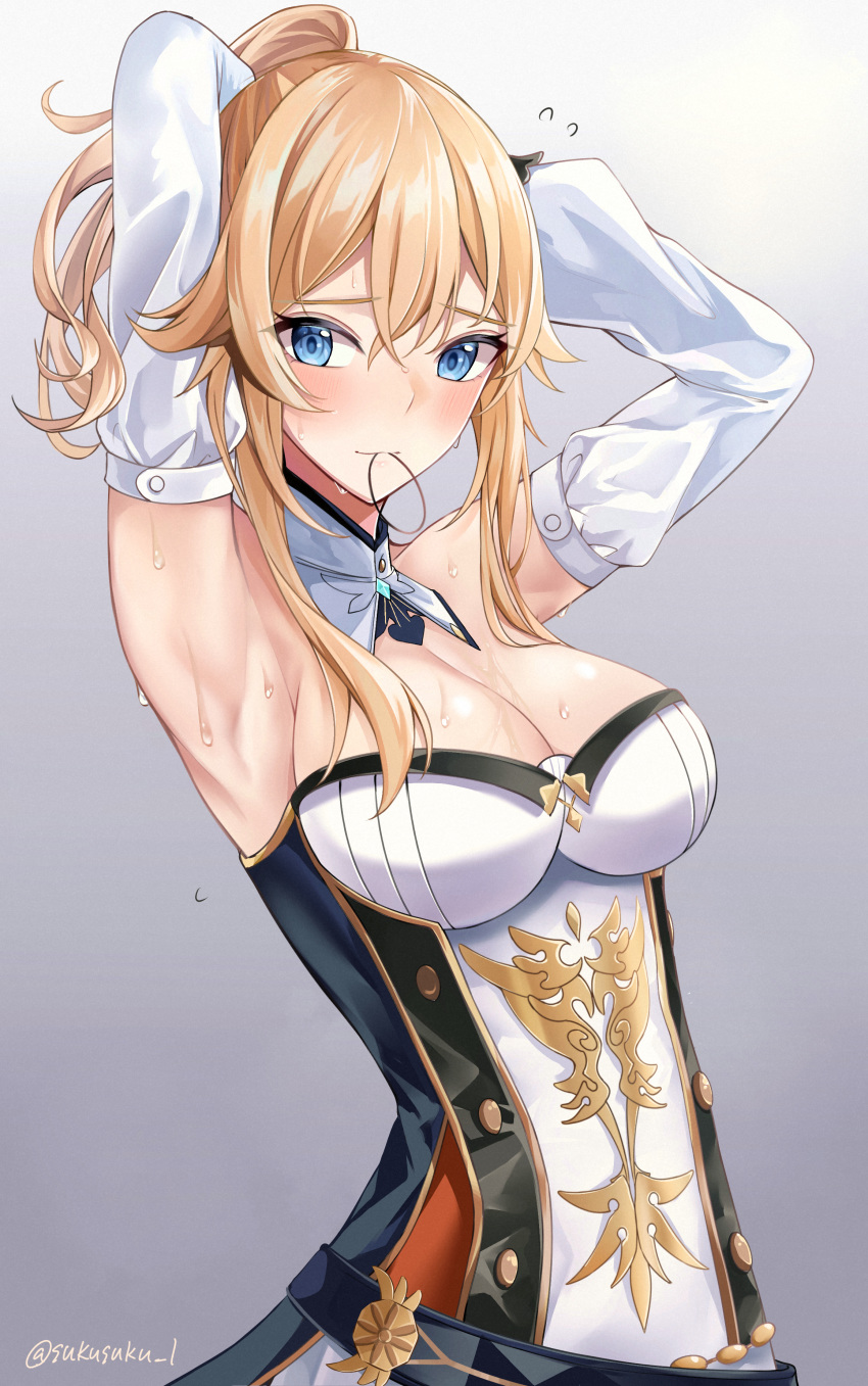 1girl absurdres adjusting_hair armpits arms_behind_head arms_up artist_name blonde_hair blue_eyes blush breasts cleavage commentary_request detached_sleeves flying_sweatdrops genshin_impact hair_between_eyes hair_tie_in_mouth highres jean_gunnhildr large_breasts long_hair looking_at_viewer mouth_hold ponytail ribbon ribbon_in_mouth sidelocks solo sukuemon sweat tying_hair