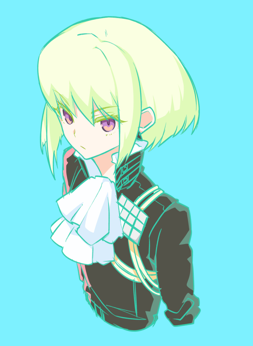 1boy bangs blue_background cravat eyebrows_visible_through_hair green_hair highres lio_fotia looking_at_viewer male_focus memeo_(candy_house) promare purple_eyes simple_background solo trigger_(company)