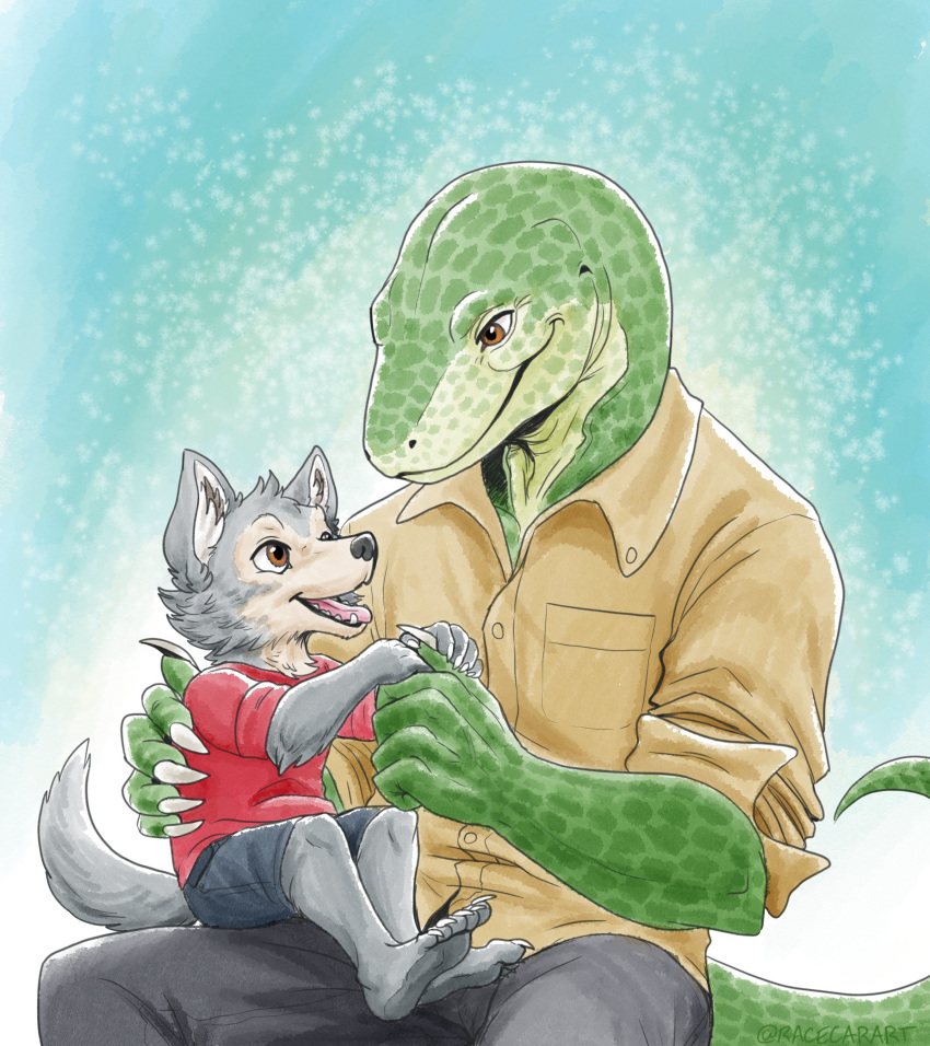 2020 5_fingers 5_toes absurd_res anthro barefoot beastars black_nose bottomwear canid canine canis child claws clothed clothing daww dress_shirt duo eye_contact fingers fur gosha_(beastars) grandchild grandfather grandfather_and_grandchild grandfather_and_grandson grandparent grandparent_and_grandchild grandson green_body green_scales grey_body grey_fur hand_holding hand_on_back happy hi_res inner_ear_fluff komodo_dragon legoshi_(beastars) lizard looking_at_another looking_down looking_up male mammal monitor_lizard open_mouth pants racecarart reptile scales scalie shirt shorts sitting sitting_on_leg smile t-shirt teeth toe_claws toes tongue topwear tuft white_claws wolf young