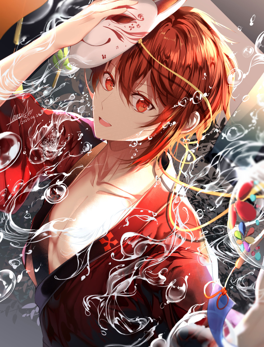 1boy :d arm_up bangs bubble collarbone fish fox_mask goldfish hair_between_eyes highres holding holding_mask idolish_7 japanese_clothes kimono looking_at_viewer male_focus mask nanase_riku open_mouth pectorals red_eyes red_hair red_kimono reku_(pixiv3677982) short_hair sidelocks smile solo summer_festival upper_body water water_stream yukata