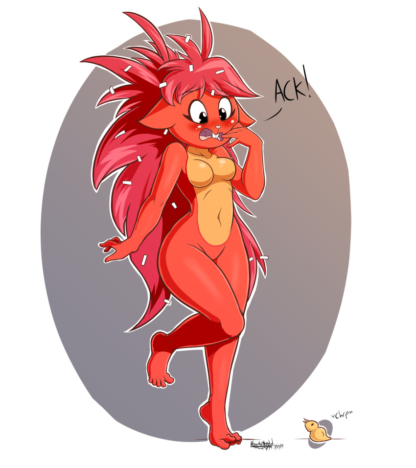 2019 5_toes anthro avian biped bird blush breasts buckteeth chicken curvaceous curvy_figure digital_media_(artwork) ears_down featureless_breasts featureless_crotch female fingers flaky_(htf) galliform gallus_(genus) happy_tree_friends hi_res howsplendid mammal navel nude phasianid pivoted_ears porcupine rodent scared solo teeth toe_curl toes voluptuous