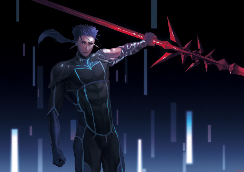 1boy abs absurdres angry armor beads blue_hair bodysuit clenched_hand closed_mouth cowboy_shot cu_chulainn_(fate)_(all) earrings fate/extra fate_(series) frown gae_bolg hair_beads hair_ornament highres holding holding_polearm holding_weapon jakojakojako jewelry long_hair male_focus muscle outstretched_arm pauldrons polearm ponytail red_eyes shoulder_armor skin_tight solo spiked_hair type-moon weapon