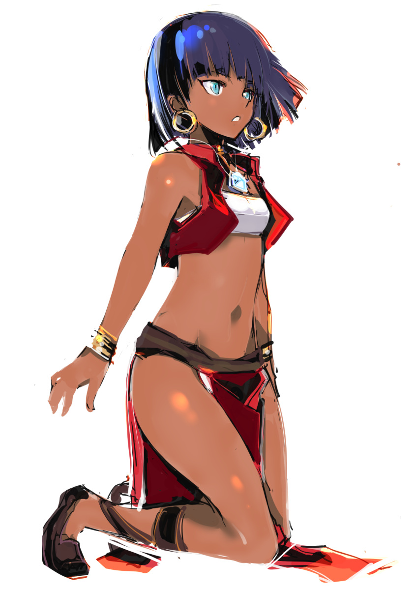 1girl bandeau bangs bare_shoulders blue_eyes blunt_bangs bob_cut bracelet dark_skin dark_skinned_female earrings fushigi_no_umi_no_nadia gem highres jewelry lace-up loincloth looking_ahead midriff nadia navel neck_ring necklace parted_lips pendant purple_hair red_vest sandals short_hair simple_background sketch solo strapless thighs vest white_background white_bandeau wind yoto_(rinlin2)