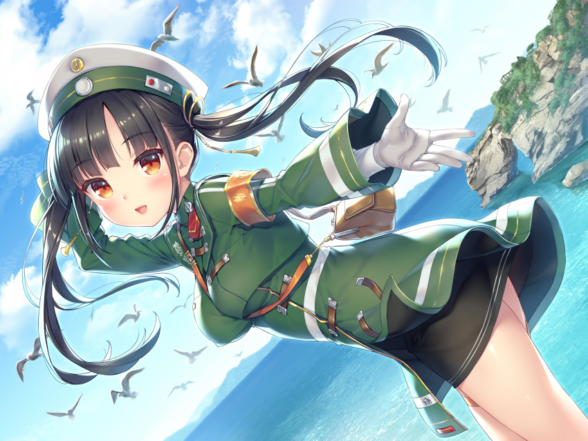 animal bird black_hair clouds hat long_hair orange_eyes rail_romanesque sayori sky suika_(maitetsu) twintails uniform water