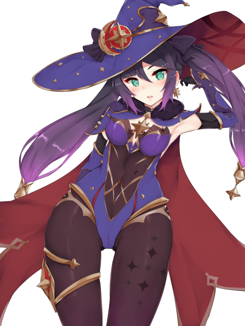 1girl armpits black_legwear breasts cameltoe cape choker covered_navel detached_sleeves earrings fur_trim genshin_impact green_eyes groin hair_ornament half-closed_eyes hat highleg highleg_leotard highres jewelry leotard looking_at_viewer mona_(genshin_impact) open_mouth pantyhose purple_hair rocha_(aloha_ro_cha) simple_background solo twintails white_background witch_hat