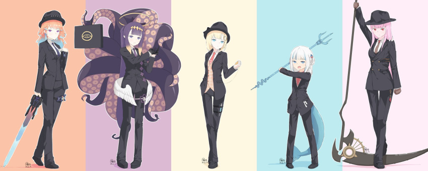 5girls alternate_costume black_gloves blonde_hair blue_eyes blue_hair blue_neckwear breasts brown_gloves brown_neckwear english_commentary fedora fish_tail flat_chest formal gawr_gura gloves gradient_hair hair_ornament hand_on_own_chest hat highres holding holding_scythe holding_sword holding_weapon hololive hololive_english holomyth long_hair looking_at_viewer medium_breasts mini_wings mori_calliope multicolored_hair multiple_girls namii_(namialus_m) necktie ninomae_ina'nis open_mouth orange_hair pink_hair polearm purple_eyes purple_hair purple_neckwear red_eyes red_neckwear scythe shark_tail signature small_breasts streaked_hair suit sword tail takanashi_kiara tentacle_hair tentacles thigh_strap trident two_side_up very_long_hair virtual_youtuber watson_amelia weapon white_hair