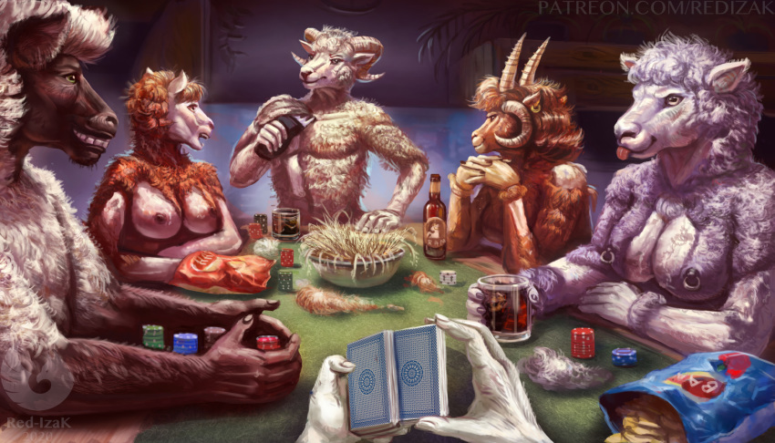 2020 alcohol anthro beverage black_body black_fur bovid breasts brown_body brown_fur caprine card chips_(food) ear_piercing female food fur grin group hi_res horizontal_pupils horn male mammal nipple_piercing nipples piercing playing_card poker poker_chip poker_table pupils red-izak shaving sheep smile strip_poker tongue tongue_out white_body white_fur