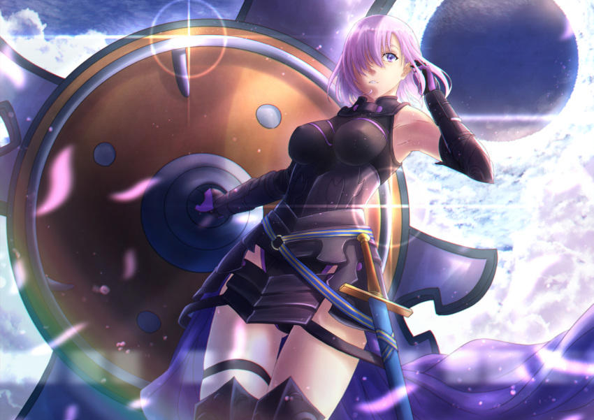 1girl armor armored_dress armpits ass_visible_through_thighs bodysuit breasts covered_nipples dutch_angle elbow_gloves fallstreak_hole fate/grand_order fate_(series) from_below gloves hair_over_one_eye highres mash_kyrielight mitarashi_(5333069) petals sheath sheathed shield short-haired_girl_(osomatsu-san) solo sword thighhighs thighs weapon