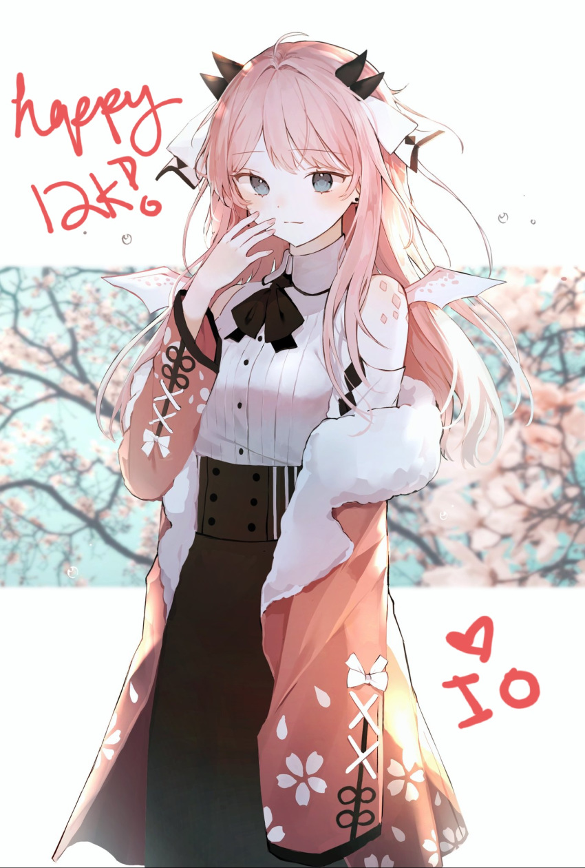 1girl atelier_live bangs black_bow black_skirt blue_eyes bow breasts cherry_blossoms collared_shirt cropped_legs damo_(xdzt8552) dragon_wings english_commentary eyebrows_visible_through_hair followers fur_trim hand_on_own_cheek hand_on_own_face highres horns jacket kuzuryu_io light_blush long_hair long_skirt looking_down mini_wings off-shoulder_jacket pink_hair pink_jacket second-party_source shirt skirt small_breasts solo virtual_youtuber wings