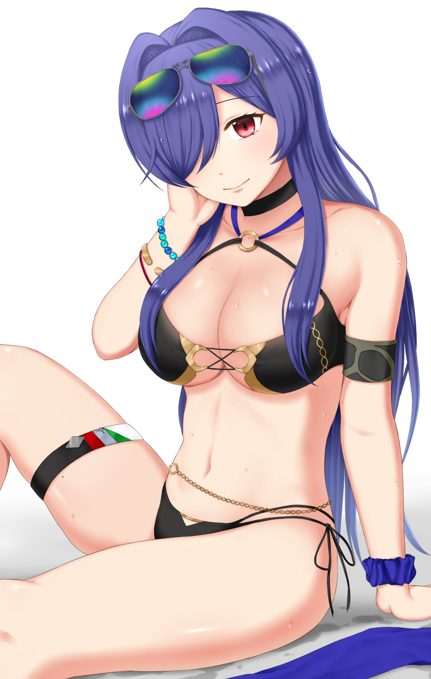 1girl absurdres arm_support azur_lane bangs bare_shoulders bead_bracelet beads belly_chain bikini black_bikini black_choker bracelet breasts choker cleavage collarbone commentary_request eyebrows_visible_through_hair eyewear_on_head groin hair_intakes hair_over_one_eye hand_on_own_cheek hand_on_own_face highres jewelry large_breasts long_hair looking_at_viewer midriff mole mole_on_thigh multi-strapped_bikini navel o-ring o-ring_bikini pazu_(asumo) purple_hair purple_scrunchie red_eyes scrunchie shadow side-tie_bikini sidelocks simple_background sitting skindentation smile solo sunglasses sweat swimsuit thigh_strap trento_(azur_lane) trento_(summer's_hotness?)_(azur_lane) very_long_hair white_background wrist_scrunchie wristlet