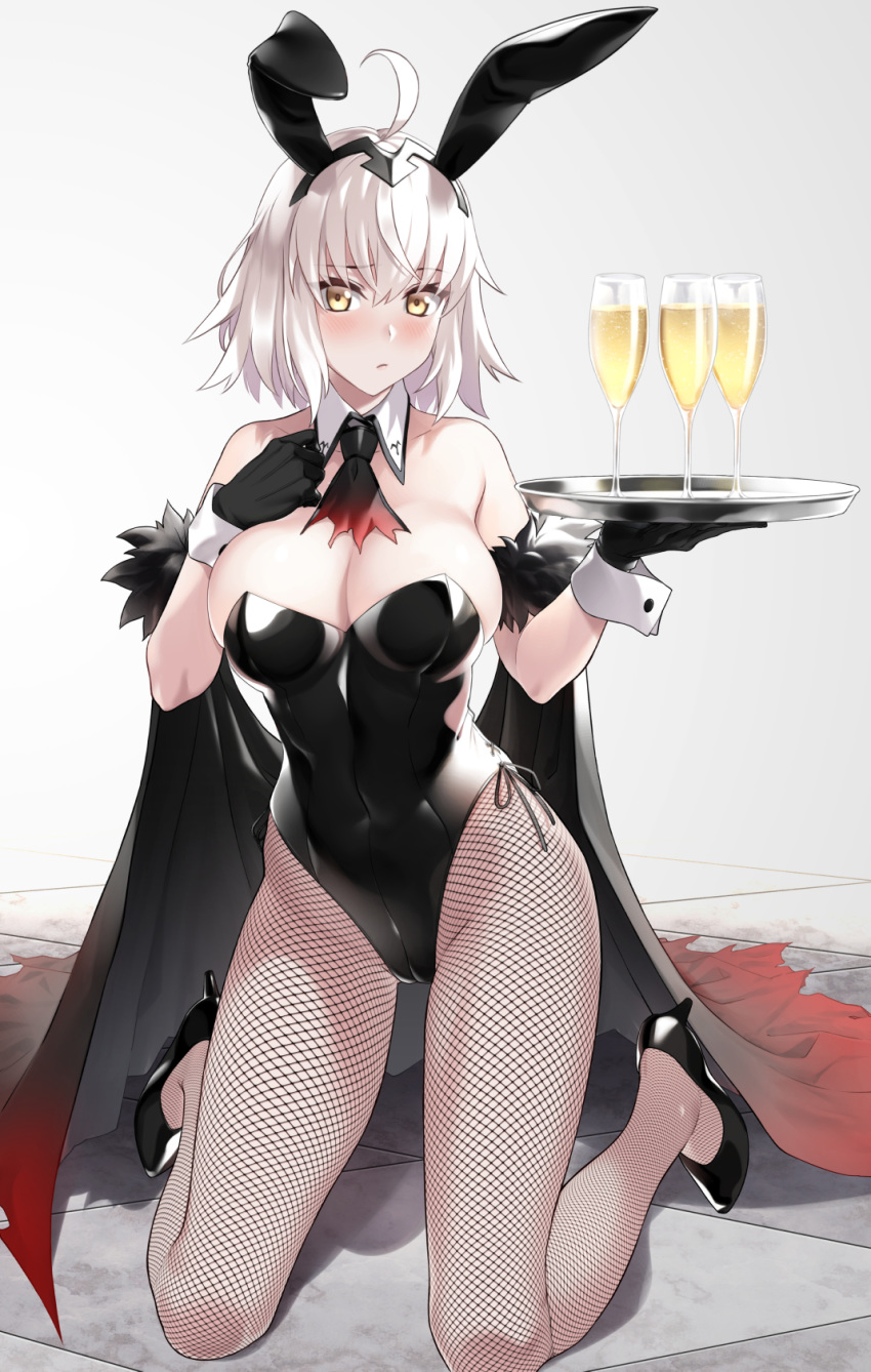 1girl ahoge animal_ears bangs black_footwear black_gloves blush breasts bunny_ears cape champagne_flute cleavage covered_navel cup drinking_glass fate/grand_order fate_(series) fishnet_legwear fishnets fur_trim gloves high_heels highres jeanne_d'arc_(alter)_(fate) jeanne_d'arc_(fate)_(all) kneeling looking_at_viewer necktie pantyhose playboy_bunny prime short_hair silver_hair solo tray wrist_cuffs yellow_eyes
