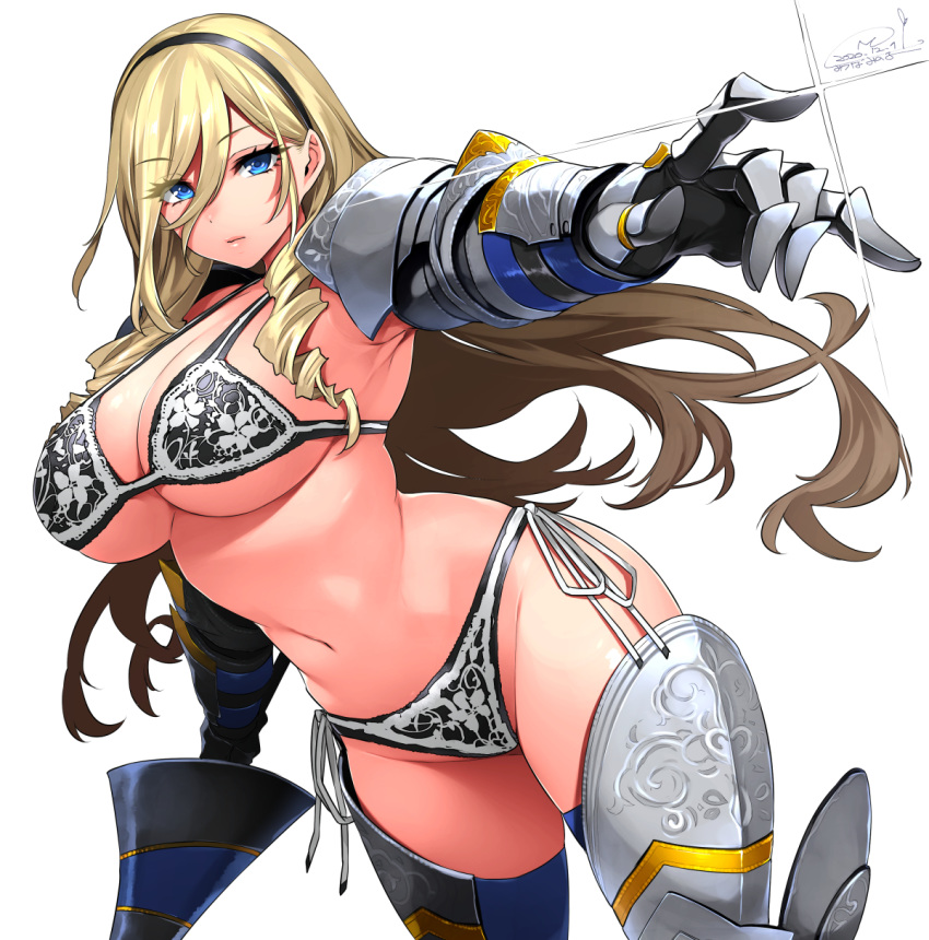 1girl armor armpits bangs bikini bikini_armor black_hairband blonde_hair blue_eyes breasts celia_kumani_entory drill_hair eyebrows_visible_through_hair eyes_visible_through_hair gauntlets greaves hairband happa_(cloverppd) highres lance large_breasts long_hair looking_at_viewer navel outstretched_arm pointing polearm side-tie_bikini simple_background solo swimsuit walkure_romanze weapon white_background