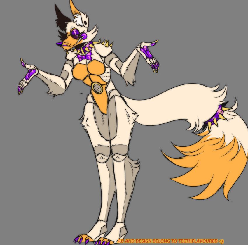 5_fingers animatronic anthro black_sclera canid canine claws collar ear_piercing eyeshadow female fingers five_nights_at_freddy's five_nights_at_freddy's_world fox fur grey_body grey_fur half-closed_eyes inner_ear_fluff jewelry lolbit_(fnaf) long_tail looking_at_viewer machine makeup mammal multicolored_body multicolored_fur narrowed_eyes orange_body orange_fur orange_inner_ear pawpads piercing purple_cheeks purple_claws purple_nose purple_pawpads robot sister_location smile smirk solo speaker spiked_collar spikes standing tail_jewelry tail_ring teethflavoured tuft video_games whiskers white_body white_eyes white_fur yellow_claws
