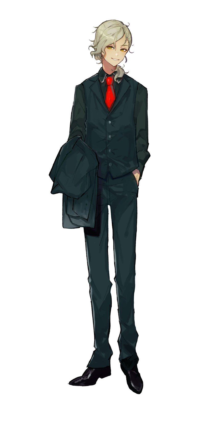 1boy absurdres black_footwear black_pants buttons collared_shirt edmond_dantes_(fate/grand_order) fate/grand_order fate_(series) formal full_body grin hand_in_pocket heroic_spirit_formal_dress highres holding holding_clothes holding_jacket jacket jacket_removed long_hair long_sleeves necktie pants ponytail red_neckwear shirt simple_background smile suit suit_jacket teeth tuxedo tuze111 wavy_hair white_background white_hair yellow_eyes