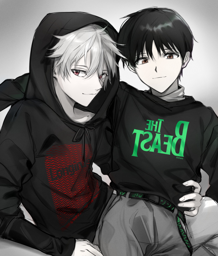 2boys absurdres alternate_costume arm_around_shoulder bangs belt closed_mouth collarbone commentary_request grey_background hair_between_eyes hand_on_another's_hip highres hood hoodie ikari_shinji long_sleeves looking_at_viewer male_focus multiple_boys muuyiie nagisa_kaworu neon_genesis_evangelion pants print_belt print_hoodie print_sweater red_eyes short_hair sitting smile spot_color sweater the_beatles yaoi