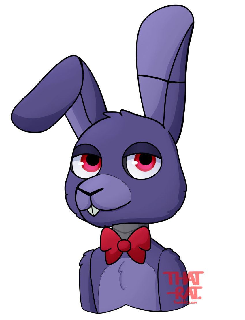 absurd_res animatronic anthro bonnie_(fnaf) bow_tie buckteeth five_nights_at_freddy's fur half-closed_eyes hi_res lagomorph leporid machine male mammal narrowed_eyes purple_body purple_fur purple_inner_ear rabbit red_eyes robot signature simple_background smile solo teeth that-rat video_games white_background