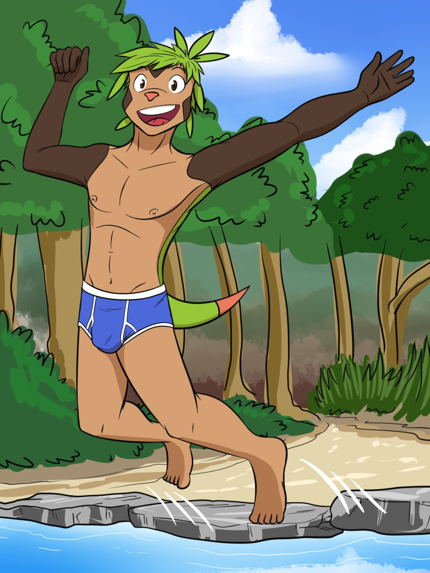 3:4 anthro anthrofied briefs bulge chespin cid_(fuze) clothed clothing fuze hi_res jumping male navel nintendo nipples outside pok&eacute;mon pok&eacute;mon_(species) solo topless underwear underwear_only video_games water