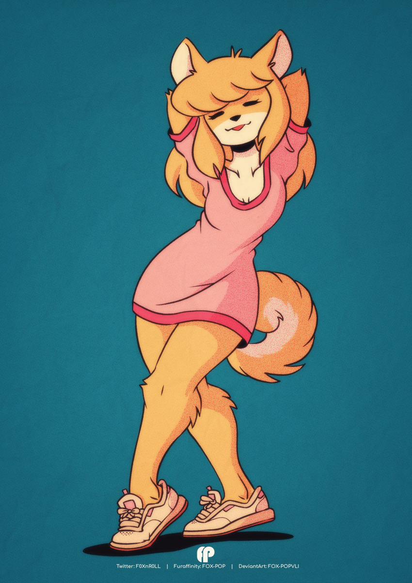 absurd_res anthro bottomless butterscotch_(peargor) canid canine canis clothed clothing domestic_dog female footwear fox-pop hi_res mammal plantigrade pose shiba_inu shirt shoes sneakers solo spitz t-shirt topwear