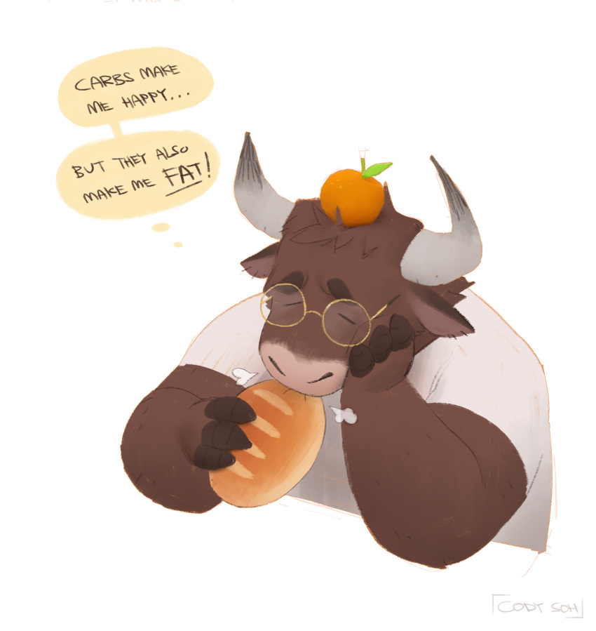 2020 anthro bovid bovine bread breath brown_body brown_fur cattle clothed clothing cody_soh_(artist) eating english_text eyes_closed eyewear face_squish food fruit fur glasses hand_on_cheek hi_res horn male mammal orange_(fruit) plant sad shirt simple_background solo squish text thought_bubble topwear white_background