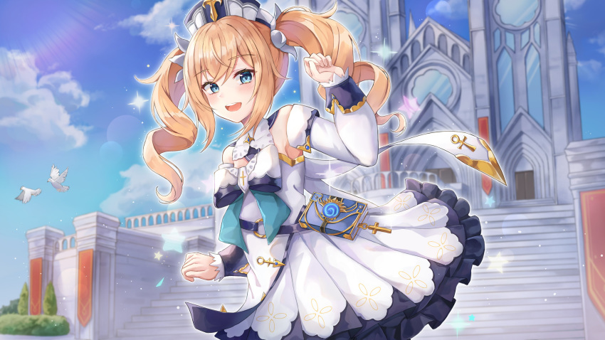 1girl :d absurdres animal armpit_peek barbara_(genshin_impact) bird blonde_hair blue_eyes book bow bowtie building church cross day detached_sleeves dove dress frilled_dress frills genshin_impact grimoire hand_up hat highres lkeris long_hair long_sleeves looking_at_viewer open_mouth outdoors sidelocks smile solo strap sunlight twintails vision_(genshin_impact) white_dress white_headwear