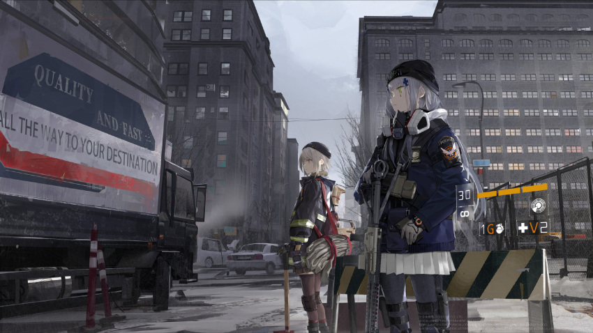 2girls agent_416_(girls_frontline) agent_vector_(girls_frontline) alternate_costume assault_rifle axe bangs black_gloves black_headwear blunt_bangs brown_legwear building car city closed_mouth english_text eyebrows_visible_through_hair facial_mark firefighter from_side gas_mask girls_frontline gloves green_eyes grey_gloves grey_hair grey_legwear grey_sky ground_vehicle gun h&amp;k_hk416 hair_ornament hat highres hk416_(girls_frontline) holding holding_gun holding_phone holding_weapon jacket knee_pads long_hair long_sleeves looking_away mask mask_removed motor_vehicle multiple_girls orange_eyes outdoors paindude pantyhose phone police rifle road short_hair sidelocks silver_hair skirt sky standing street teardrop tom_clancy's_the_division truck user_interface vector_(girls_frontline) watch weapon white_skirt window wrist_cuffs wristwatch