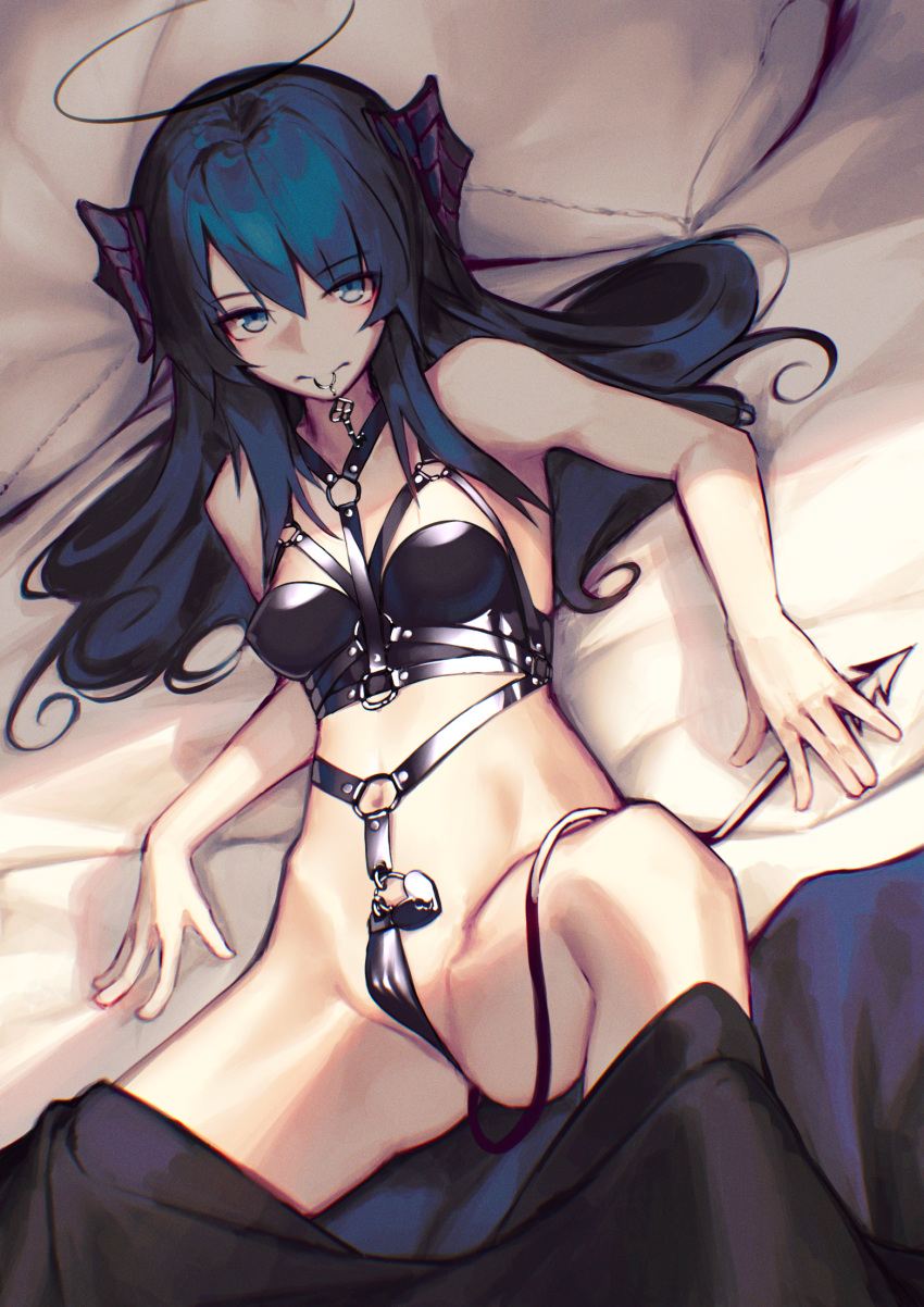 1girl arknights bare_arms bare_shoulders bed_sheet blanket blue_eyes blue_hair breasts closed_mouth demon_horns demon_tail halo harness highres horns key leg_up long_hair looking_at_viewer lying medium_breasts mostima_(arknights) mouth_hold navel o-ring on_back on_bed partially_visible_vulva pillow solo tail veilrain very_long_hair