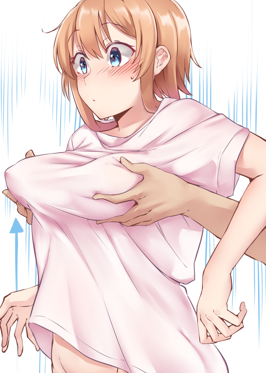 1girl absurdres alternate_costume arrow_(symbol) bangs blue_eyes blush bottomless breast_grab breasts closed_mouth eyebrows_visible_through_hair grabbing grabbing_from_behind highres kantai_collection kiritto medium_breasts nipple_tweak nipples orange_hair pink_shirt shirt simple_background solo_focus sweat t-shirt teruzuki_(kantai_collection) white_background