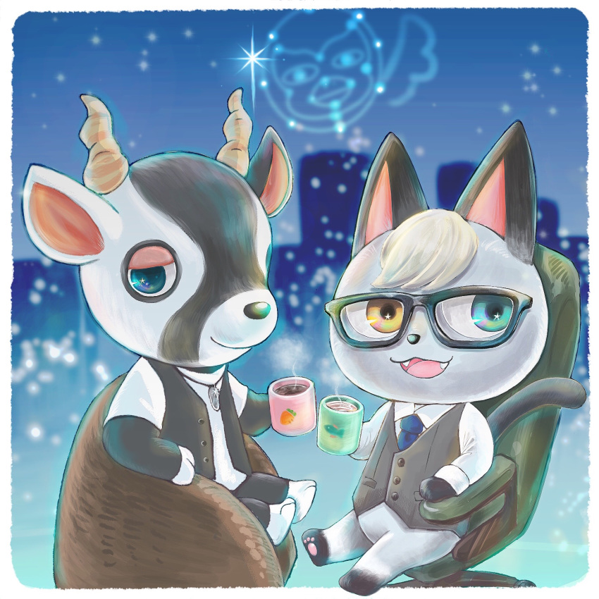 1:1 animal_crossing antelope anthro beverage bovid clothing cup domestic_cat duo eyewear felid feline felis gazelle glasses heterochromia hi_res horn jewelry looking_at_viewer male mammal necklace necktie nintendo pawpads raymond_(animal_crossing) sitting squeeze_sio star steam topwear vest video_games zell_(animal_crossing)