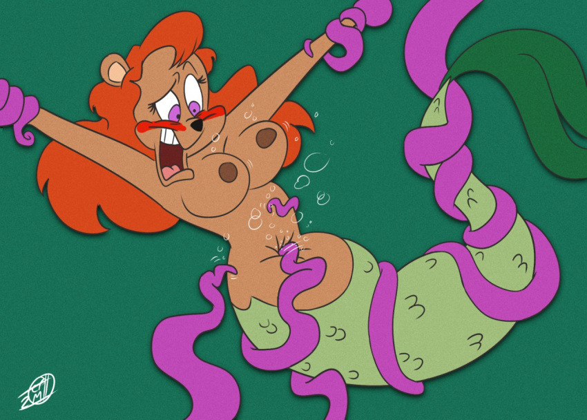 2020 anthro blush breasts brown_body brown_fur bubble female fluffychuck91 fur green_background green_body hair julie_bruin laugh mammal marine merfolk navel_poke nipples purple_eyes red_hair signature simple_background solo tentacles tickling tiny_toon_adventures ursid warner_brothers