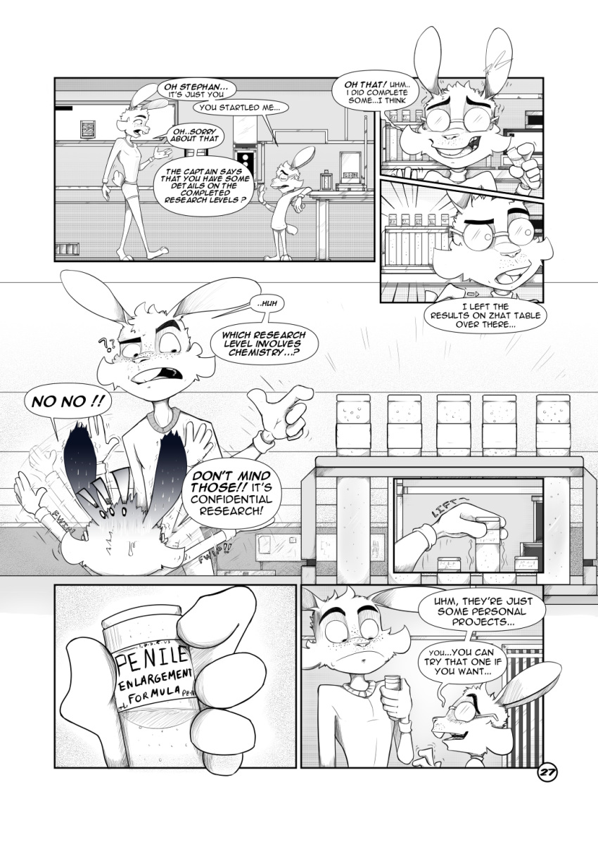 anthro clothing coat comic computer dialogue duo english_text eyewear fur furniture glasses hi_res inoby lab_coat laboratory lagomorph leporid male mammal open_mouth rabbit simple_background size_difference spacebunz text topwear underwear white_background white_body white_fur