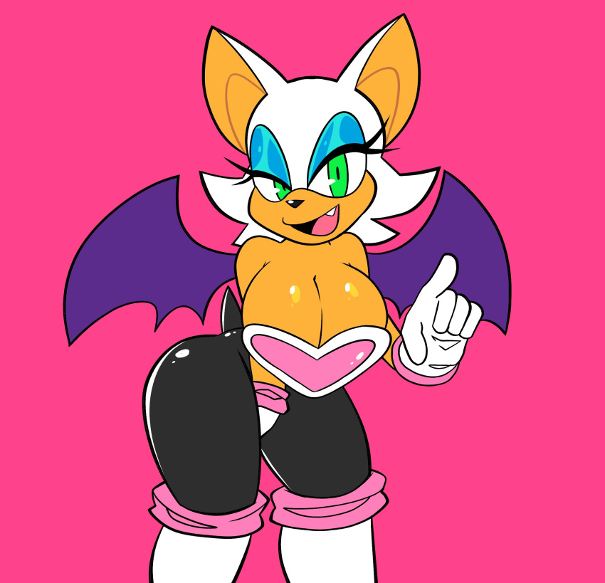 anthro big_breasts breasts chiropteran cleavage clothed clothing female gesture gloves green_eyes hair handwear hi_res looking_at_viewer mammal pink_background pointing rouge_the_bat simple_background solo sonic_the_hedgehog_(series) sweetdandy tan_body tan_skin tight_clothing white_hair wide_hips