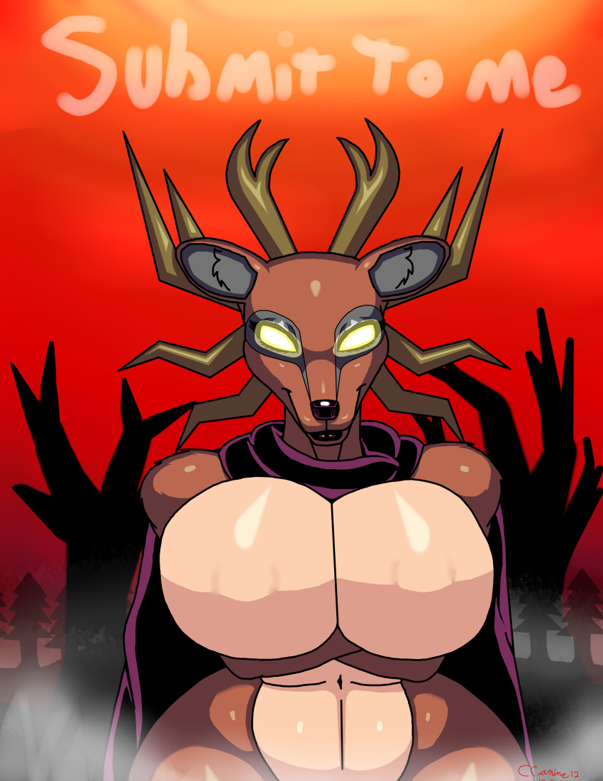 2019 absurd_res american_mythology anthro antlers big_breasts breasts cervid cloak clothing cobalt_canine crossed_arms curvy_figure digital_media_(artwork) english_text female fog forest forest_background front_view hi_res horn indigenous_north_american_mythology lipstick looking_at_viewer makeup mammal mostly_nude mythology nature nature_background navel no_pupils north_american_mythology red_sky sky smile solo specimen_8 spooky's_jump_scare_mansion text tree voluptuous wendigo wide_hips