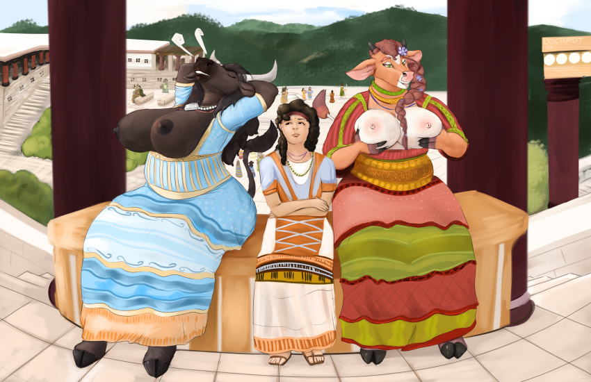 absurd_res bovid bovine braided_hair breasts cattle clothing doctordj dress european_mythology fantasy female greek_mythology group hair hi_res hooves horn human mammal medieval minotaur mythology nihea_avarta nipples