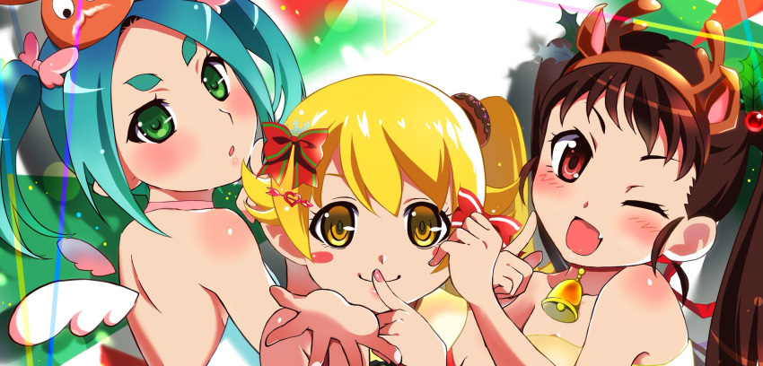 3girls alternate_costume alternate_hairstyle angel_wings antlers back bell bell_collar blonde_hair blue_hair blush blush_stickers bow brown_hair christmas collar doughnut_hair_ornament eyebrows fang finger_to_chin finger_to_mouth fingernails food_themed_hair_ornament green_eyes hachikuji_mayoi hair_ornament highres long_hair mistletoe_hair_ornament monogatari_(series) msmrdaaaaa multiple_girls one_eye_closed ononoki_yotsugi open_mouth oshino_shinobu pink_bow ponytail red_bow red_eyes reindeer_antlers thick_eyebrows twintails wings yellow_eyes