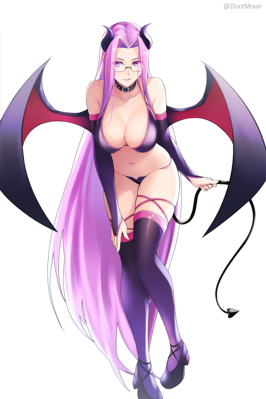 1girl absurdres alternate_costume black_footwear black_gloves black_legwear bridal_gauntlets commission demon_girl demon_horns demon_tail demon_wings dootmoon elbow_gloves fate/stay_night fate_(series) gloves gradient gradient_gloves gradient_legwear high_heels highres horns long_hair navel purple_eyes purple_gloves purple_hair purple_legwear rider solo square_pupils succubus tail thighhighs very_long_hair wings