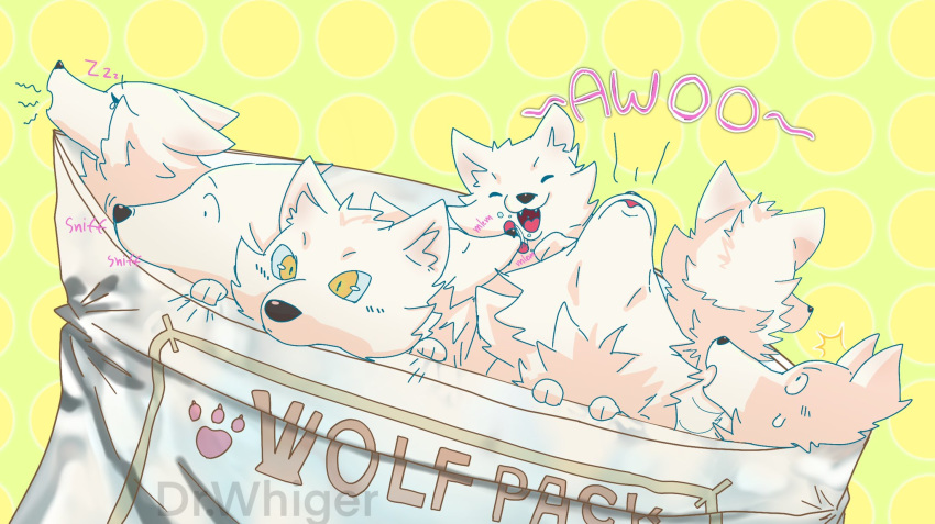 2020 abstract_background ambiguous_gender awoo bag blep canid canine canis cute_face dr.whiger english_text feral group hi_res howl licking mammal onomatopoeia open_mouth open_smile simple_background sleeping smile sound_effects text tongue tongue_out wolf zzz