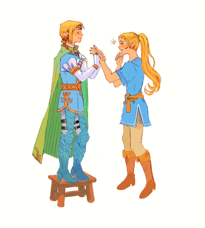 1boy 1girl alternate_costume birdfrogdraws blonde_hair blue_shirt blush boots brown_footwear cape closed_eyes cosplay fingerless_gloves gloves green_cape highres link link_(cosplay) long_hair pointy_ears ponytail princess_zelda puffy_short_sleeves puffy_sleeves role_reversal shirt short_sleeves simple_background smile standing stool the_legend_of_zelda the_legend_of_zelda:_breath_of_the_wild white_background