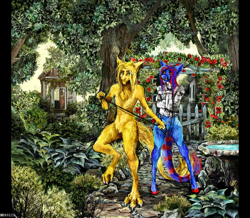 anthro archway arms_tied barefoot blonde_hair blue_body blue_eyes blue_fur blue_hair bound building claws collar day detailed detailed_background digital_drawing_(artwork) digital_media_(artwork) digital_painting_(artwork) dragon duo equid equine featureless_crotch female fence flower fluffy fluffy_tail fountain fur furred_dragon gag gagged gazebo grass hair holding_object horse house hybrid inner_ear_fluff jeffusherb leaf leash leash_pull male mammal monotone_body monotone_fur monotone_hair multicolored_body multicolored_fur multicolored_hair nature neck_tuft nude park path pixel_(artwork) plant red_body red_eyes red_fur red_hair rock rose_(flower) shrub sky standing straitjacket toe_claws tree tuft two_tone_body two_tone_fur two_tone_hair wingless_dragon yellow_body yellow_fur