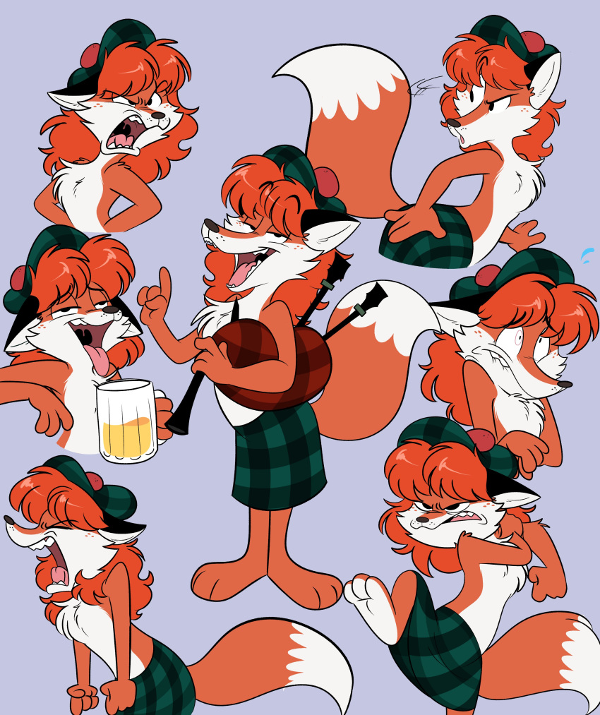 2020 3_toes 4_fingers absurd_res alcohol angry anthro bagpipes beer beverage biped black_nose bodily_fluids canid canine chest_tuft clothed clothing confused_look confusion countershading cup digital_media_(artwork) dipstick_tail drunk expression_sheet female fingers fist fox fur hair happy hi_res kabula_(artist) kilt mammal multicolored_body multicolored_fur multicolored_tail musical_instrument nervous open_mouth orange_hair paws plantigrade red_fox relaxing scottish shy simple_background smile solo substance_intoxication sweat toes tongue tongue_out toony tuft two_tone_body two_tone_fur white_countershading wind_instrument woodwind_instrument yelling