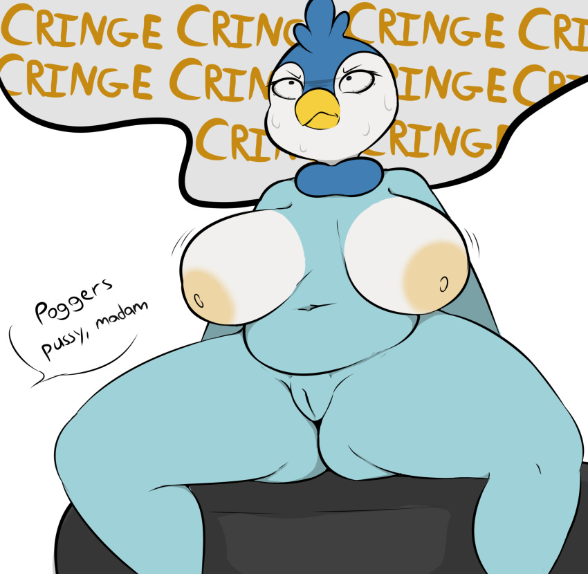 anthro areola avian belly big_areola big_breasts big_butt bird bodily_fluids bouncing_breasts breasts butt cringing dialogue fan_character female frustrated genitals hi_res meme navel nintendo nipples penguin piplup plantedpot pok&eacute;mon pok&eacute;mon_(species) presenting presenting_pussy pussy slightly_chubby solo solo_focus spread_legs spreading sweat text video_games