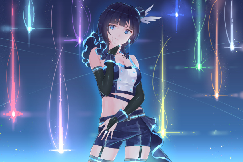 1girl asaka_karin bangs belt black_gloves black_hair black_headwear blue_background blue_eyes blue_shirt blue_shorts blunt_bangs breasts bridal_gauntlets buttons cleavage closed_mouth collarbone commentary_request contrapposto cowboy_shot crop_top earrings eichisu elbow_gloves eyebrows_visible_through_hair garter_straps gloves gradient gradient_background hand_on_own_chin hand_on_own_thigh hand_up hat hat_feather highres jewelry light_particles looking_at_viewer love_live! love_live!_nijigasaki_high_school_idol_club medium_breasts medium_hair midriff mini_hat navel shirt shooting_star shorts single_bare_shoulder single_sleeve smile solo standing thigh_strap tilted_headwear top_hat wrist_cuffs