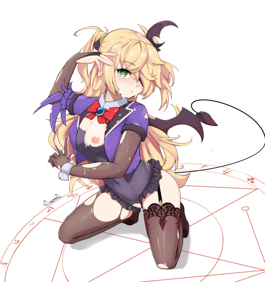 1girl bat_wings black_legwear blazer blonde_hair bow breasts chuunibyou chuunibyou_demo_koi_ga_shitai! cleavage closed_mouth commentary_request cosplay covered_navel cum cum_on_body cum_on_breasts cum_on_clothes demon_girl english_commentary eyepatch facial fischl_(genshin_impact) full_body genshin_impact green_eyes grey_background hand_on_hip hand_wraps highres jacket leotard long_hair magic_circle medium_breasts nipples playboy_bunny purple_bow pussy red_neckwear seiyuu_connection simple_background single_wing sitting smile solo soveno succubus summoning tail takanashi_rikka takanashi_rikka_(cosplay) thighhighs torn_clothes torn_leotard trait_connection two_side_up very_long_hair wings