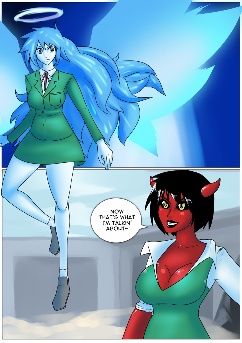 angel beth_gabriel_(lemonfont) black_hair black_lips black_sclera blue_eyes blue_hair breasts cleavage clothed clothing comic demon demon_humanoid dialogue duo female hair halo hi_res horn humanoid jill_(lemonfont) lemonfont levitation lips not_furry outside red_body red_skin rolled_up_sleeves school_uniform uniform wings yellow_eyes